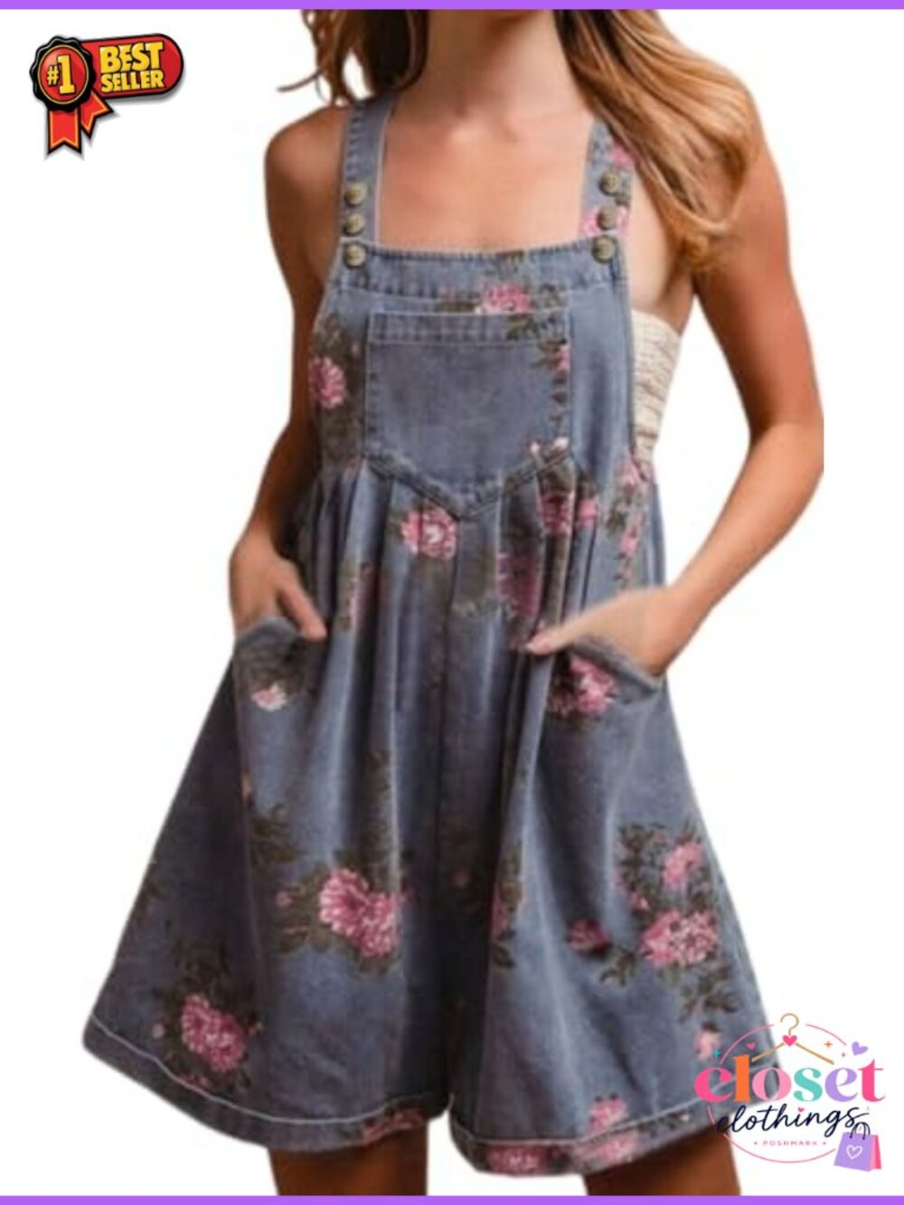 Denim Bib Shorts Overalls Floral Print Wide Leg Sleeveless Romper